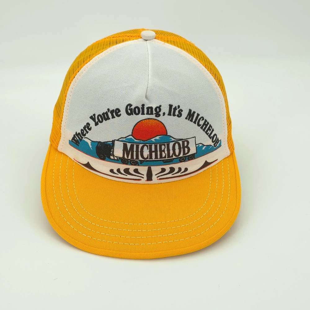 VINTAGE Michelob Hat Cap Mens Snap Back Yellow Beer Trucker Retro Streetwear